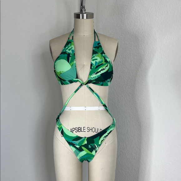 ASOS Other - ASOS Candypants Tropical Monstera Leaf Halter Cheeky X Cross Strap Swimsuit Bath